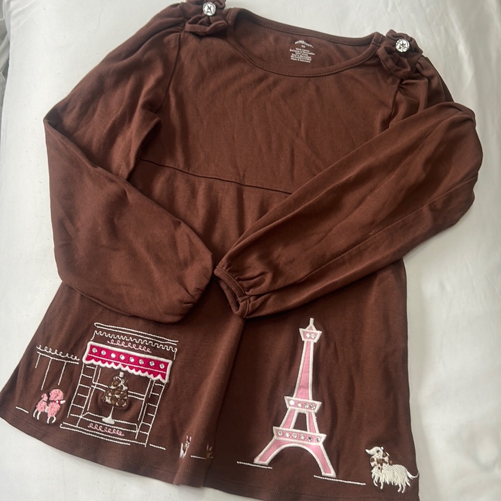 NWOT Gymboree long sleeve brown top, embroidered French scenes, Eiffel Tower